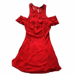 Material Girl Red Floral Lace cold shoulder Fit Flare A-line Mini Dress Cocktail